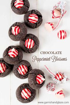 chocolate peppermint blossom cookies with candy canes