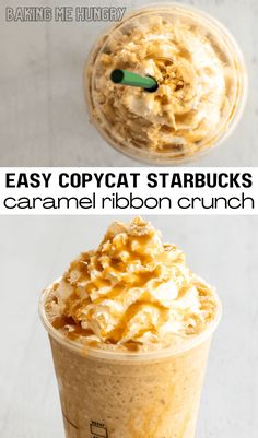 an ice cream sundae with caramel and whipped cream on top, in a plastic cup