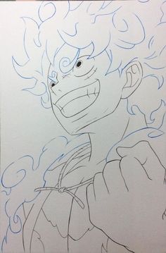 a drawing of an anime character with blue lines on his face and chest, in front of a white background