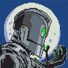 a pixellated image of a man holding a flower in front of a full moon