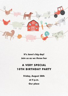 a birthday party with farm animals and farm animals on the line, including a red barn