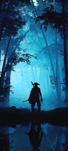 the silhouette of a person in a forest with trees and blue light coming from behind