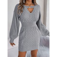 Elevate Your Winter Wardrobe With This Grey-Colored Cable Knit Sweater Dress. The Cutout Round Neck Design Adds A Touch Of Modern Flair, While The Slit Detail Enhances Both Style And Comfort. Crafted With Care, This Cozy Yet Chic Sweater Dress Is The Perfect Blend Of Fashion And Warmth For The Colder Seasons. Stretch: Moderate Stretch Material: 100% Acrylic This Item Ships Within 7 To 11 Days. Sizes Are In Letters: Xs - 0 S - 2/4 M - 6 L - 8/10 Xl- 12 Shop With Us: Fall Trendy Trending Athleisur Rok Midi, Sandal Tali, Lantern Sleeve Sweater, Bodycon Sweater, Bodycon Sweater Dress, Cable Knit Sweater Dress, Spring Sweater, Sweater Dress Women, Long Sleeve Sweater Dress