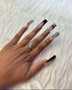 Birthday Nails Black And Silver, Black Nails With Silver Design, Grey And Black Nails, Black Acrylic Nails, Punk Nails, Long Acrylic Nail Designs, French Acrylic Nails, Short Square Acrylic Nails