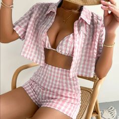 Gingham Crop Halter Top & Bikini & Shorts Ships In 7-10 Days~All Purchases Shipped With A Special Gift 100% Polyester Slight Stretch Regular Fit Size Tags Are In Letters Xs-(2) S-(4) M-(6) L-(8-10) Do You Love? Anthro Festival Preppy Casual Mumu Revolve Spell Reformation Puff Popular Swim Contemporary Layering Free People Cami Dress Top Events Lulu Vacation Beach Contemporary Anniversary Boat Weekend Pool Swim Night Out~~Visit My Store Business Formal Dress, Halter Tops, Halter Crop Top, Plaid Fashion, Romper Pants, Two Piece Outfit, Pink And White, Halter Top, Short Sets