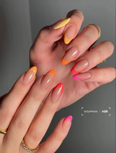 Nail Inspo Colored Tips, French Tip Nails Bright Colors, Orange Yellow Nails Summer, Nail Neon Colors, Bright Colour Nail Designs, Nail Bright Colors, Colourful Nails For Summer, Bright French Tip Nails, Orange Trendy Nails