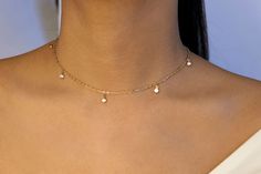 adjustable choker: - shortest: 41.5 cm - longest: 46.0 cm Adjustable Chain Diamond Choker Necklace, Dainty Gold Dangle Diamond Necklace, Dainty Gold Diamond Dangle Necklace, Dainty Drop Choker Necklace, Dainty Choker With Adjustable Chain And Dangle, Delicate Diamond Necklace, Diamond Choker Necklace, Diamond Choker, Gold Choker