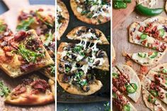 different types of pizzas on wooden cutting boards