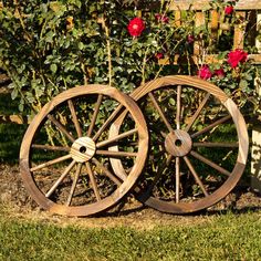 two old wooden wheels are sitting in the grass near some roses and a trellis