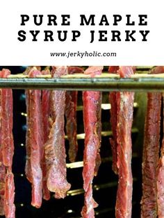 Maple Syrup Beef Jerky hanging in the oven on toothpicks drying out. Maple Jerky Recipes, Sweet Jerky Recipes