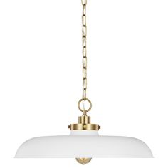 a light fixture with a chain hanging from the bottom and white glass shade on top