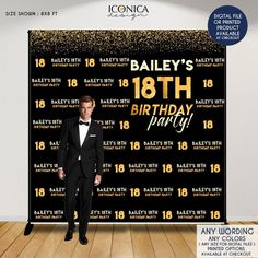 a man in a tuxedo standing next to a black and gold birthday poster