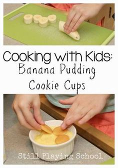 kids are making banana puddings in a bowl with the title cooking with kids banana pudding cookie cups