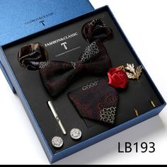 Necktie set for Men Silk Butterfly Tie Hanky Cufflinks Cufflinks Tie Clips and Lapel Pin Sets - Tania's Online Closet Gift Box For Men, Necktie Set, Holiday Gift Box, Tie For Men, Designer Ties, Tie Gifts, Cufflink Set, Tie Styles, Luxury Gift Box