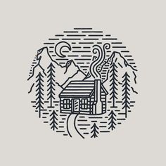 a cabin in the woods surrounded by mountains and trees with a full moon above it