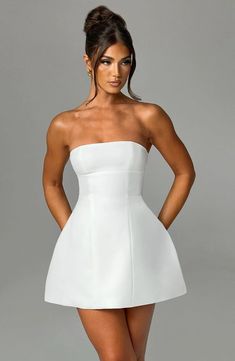 Night Study, Study Sessions, White Dress Party, Backless Mini Dress, Stretch Crepe, Strapless Mini Dress, Sophisticated Design, White Mini Dress