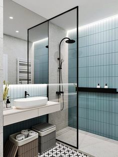 a bathroom with a shower, sink and mirror in it's center wall is shown