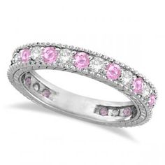 Diamond & Pink Sapphire Wedding Band in 14k White Gold (1.08ctw) - Allurez.com Wedding Rings For Girls, Pink Sapphire Wedding Band, Pink Thing, Black Diamond Solitaire, Camo Wedding, Sapphire Wedding Band, Rose Gold Morganite, Platinum Wedding Band, Eternity Rings