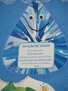 a paper plate with a water drop on it and a sign that says, wonderful water don't waste water