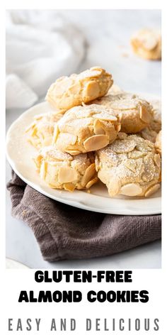 gluten - free almond cookies on a white plate with text that reads easy and delicious