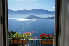 an open window shows the view of water and mountains from inside a room with potted plants