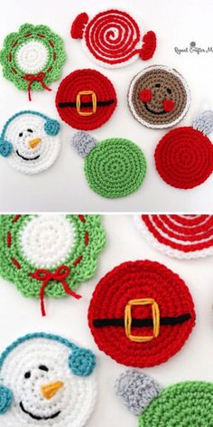 crocheted christmas coasters with snowmen and santa's hats on them