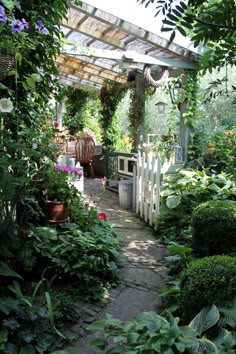 an outdoor kitchen surrounded by greenery and potted plants in a garden with a pergolated roof