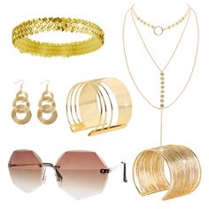 PRICES MAY VARY. 70s Disco Accessories Set: This disco accessories women set includes 1 layered necklace, 1 pair of rimless diamond cut sunglasses, 2 different styles of gold bracelets, 1 pair of disco dangling earrings, 1 sequin hair band, plenty of quantity, delicate and elegant appearance, fully able to meet the needs of attending all kinds of disco parties and daily matching. High Quality Material: This 70s jewelry for women set are made of high quality metal and plastic and other materials, 70s Jewelry Disco, Disco Accessories, Disco Parties, Diamond Glasses, Sequin Hair, Disco Costume, 1970s Disco, 70s Jewelry, Bracelets Diamond