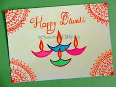 happy diwali greeting card with colorful candles on white paper and green background for diwali festival