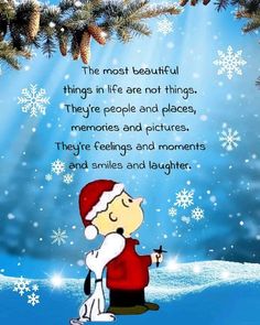 a charlie brown christmas card with snowflakes on the background and an image of santa claus