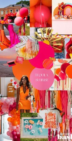 the collage is full of bright colors and balloons, such as oranges, pinks, and yellows