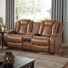 Alexia CM6346-LV Power Love Seat By Furniture Of AmericaBy sofafair.com Brown Loveseat, Storage Center, Power Reclining Loveseat, Sofa Sets, Leather Loveseat, Audio Speakers, Furniture Of America, Diamond Stitch, Furniture Legs