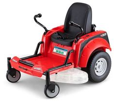 a red ride - on mower is shown with the seat folded back and wheels down