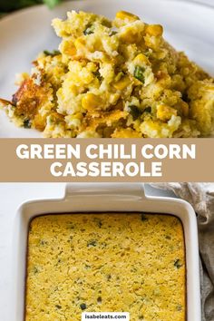 green chili corn casserole in a white dish