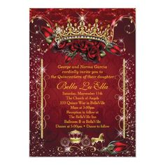 a red and gold wedding card with roses on the front, surrounded by sparkles