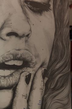 a pencil drawing of a woman's face with her hands on her mouth and hand resting against her chin