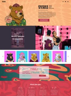 an image of a web page with many different colors and designs on it, including the bear