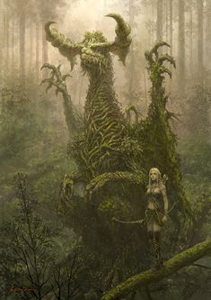 a woman standing in the middle of a forest next to a giant monster like creature