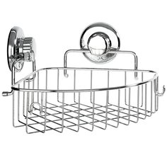 a chrome plated shower caddy with soap dispenser