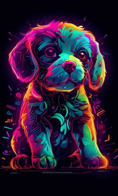 a dog with neon colors on it's face, sitting in front of a black background