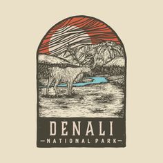 the logo for denali national park, with mountains in the background and a river running through it