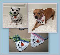 three pictures of dogs wearing crocheted hats and scarves, one with a dog's face on it