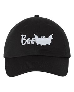 BOO Embroidered Halloween Baseball Cap Adjustable Black baseball cap with adjustable strap in the back. Design available in two colors: White or Orange Black Halloween Trucker Hat, Black Brimmed Halloween Hat, Black Brimmed Hat For Halloween, Black Novelty Hat For Halloween, Halloween Black Snapback Baseball Cap, Black Halloween Snapback Baseball Cap, Black Snapback Baseball Cap For Halloween, Black Snapback Trucker Hat For Halloween, Adjustable Black Brimmed Dad Hat