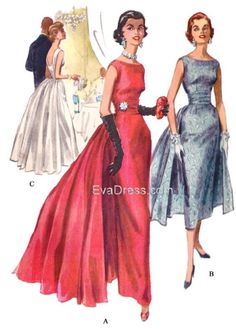 "Perfect for any formal occasion, this Evening Gown in two lengths with removable panels and Cummerbund was originally manufactured by the McCall's Pattern Company in 1955. There are 10 pieces to this pattern. RECOMMENDED FABRICS: satin, brocade, crepe, Peau de Soie, Surah, taffeta, polished cotton, faille. This 21-piece digitally-drafted pattern is in size Set B fitting 40\" to 46\" bust, 32\" to 38\" waist, 40\" to 46\" hip. 5/8\" seams are given. Set A fitting 32\" to 38\" bust, 25\" to 30\" Patron Vintage, Mermaid Evening Gown, Vintage Dress Patterns, 1950s Style, Vintage Gowns, Retro Mode, Moda Vintage, 1950s Fashion, Mode Vintage