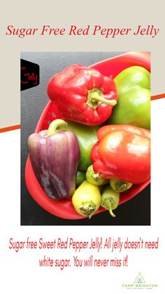 a red bowl filled with lots of different colored peppers next to a white sugar free pepper jelly