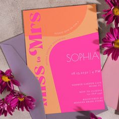 an orange and pink wedding card with flowers on the side next to it, which says sophia