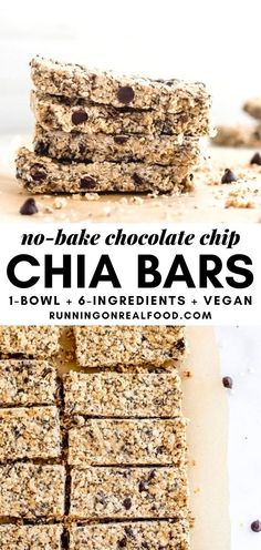 no - bake chocolate chip chia bars stacked on top of each other with text overlay