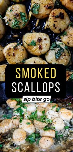 the words smoked scallops are in black and white with green garnish