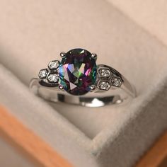 Luo Jewelry, Rainbow Topaz Ring, Emerald Cut Solitaire Ring, Original Engagement Rings, Rainbow Topaz, Mystic Topaz Ring, Pear Cut Engagement Rings, Oval Cut Engagement Ring, London Blue Topaz Ring