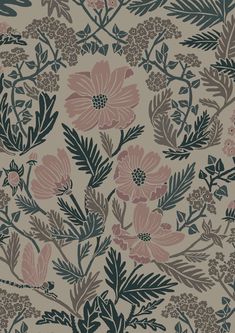 a floral wallpaper with pink flowers and green leaves on a light brown background,